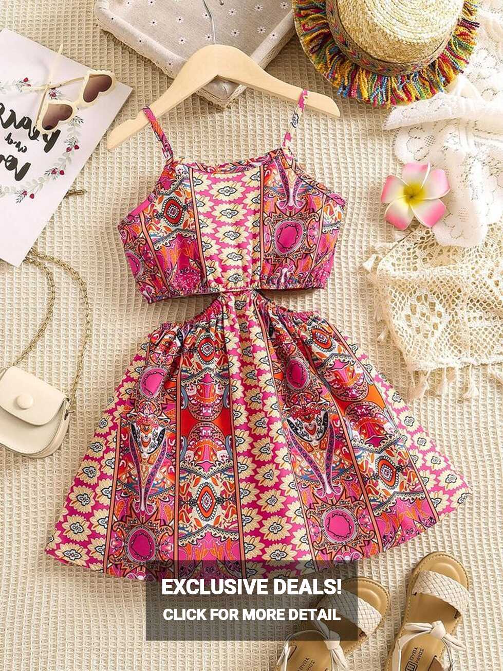 SHEIN Young Girl Geometric Pattern Vintage Holiday Spaghetti Strap ...