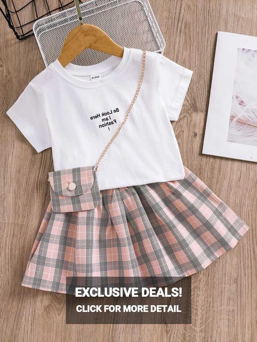 SHEIN Young Girl Toddler Girls Slogan Graphic Tee &amp; Plaid Skirt ...