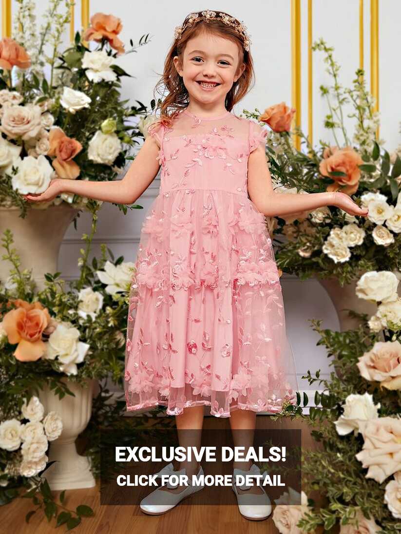 SHEIN Young Girls Floral Embroidery Mesh Overlay Party Dress | SHEIN