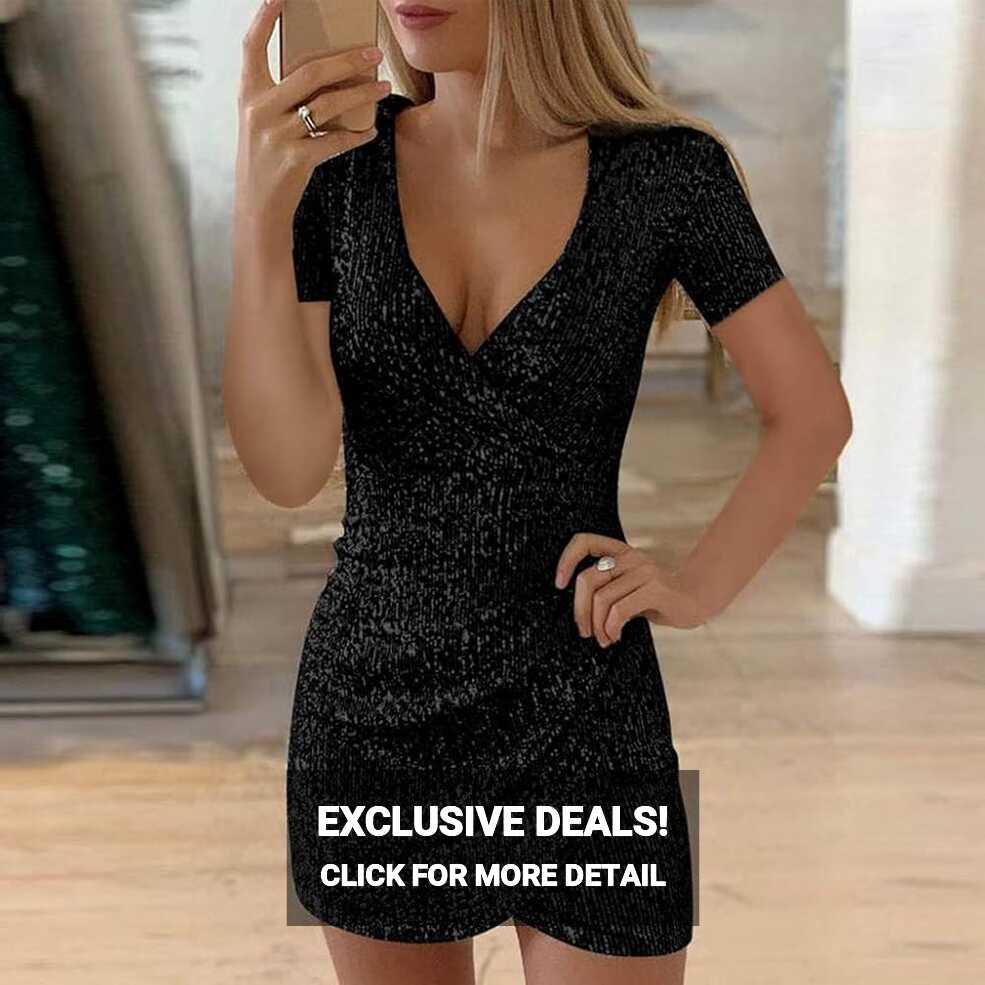 SHENGXINY V Neck Bodycon Mini Dress for Women Short Sleeve Sparkly ...