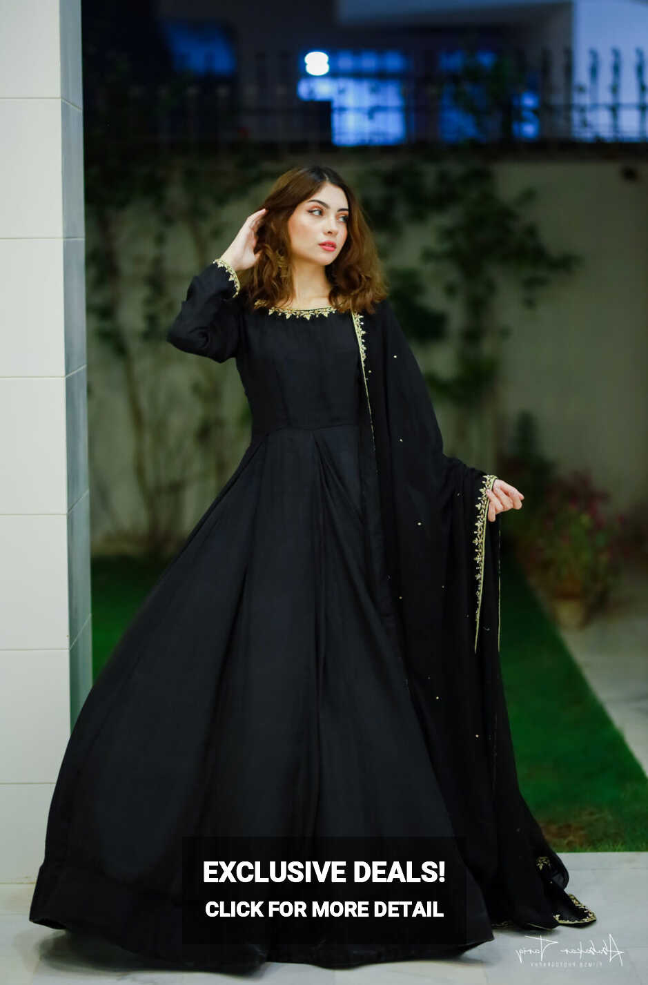 SOLID BLACK HAND EMBELLISHED LONG FLARED ANARKALI SET WITH DUPATTA ...