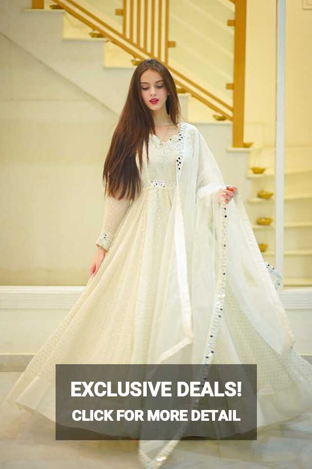 SOLID WHITE DOTTED LONG FLARED ANARKALI SET WITH DUPATTA – Saad ...