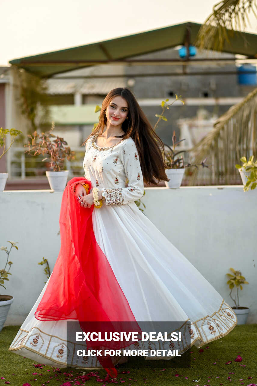 SOLID WHITE LONG FLARED HAND EMBELLISHED ANARKALI SET WITH RED ...