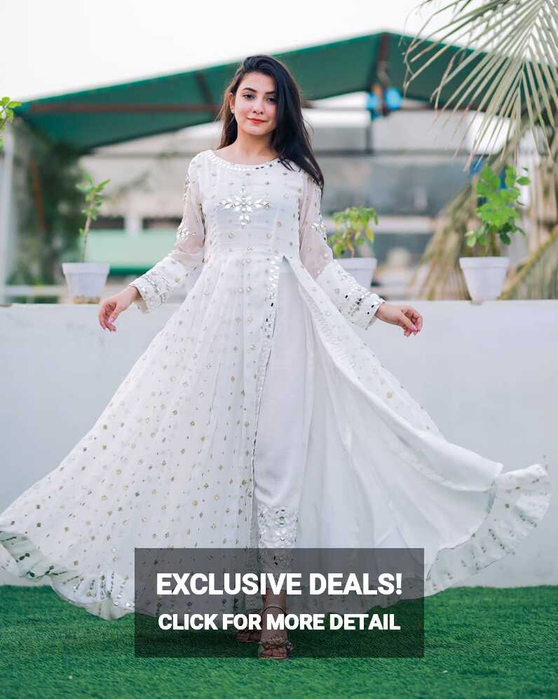 SOLID WHITE MIRROR EMBELISHED LONG FLARED HI SLIT ANARKALI – Saad ...