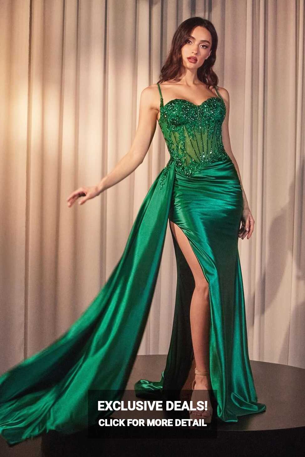 STERLING Emerald Green Embellished Corset Satin Mermaid Formal Dress