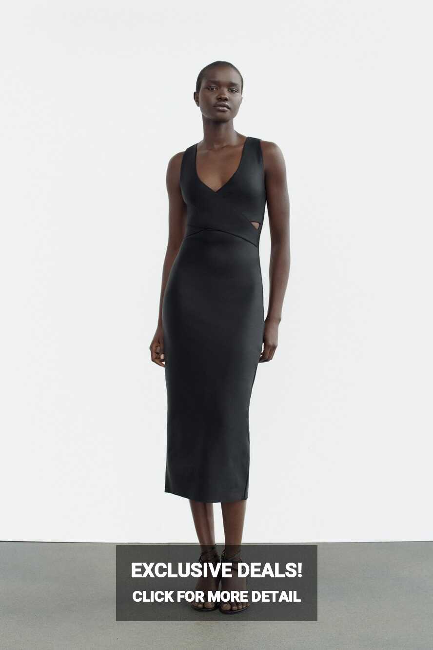 STRETCH KNIT SURPLICE MIDI DRESS - Black | ZARA Turkey