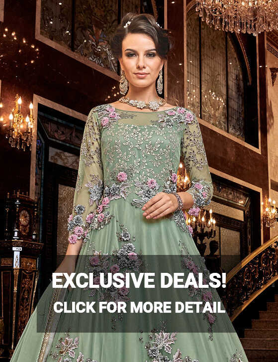 Sage Green Designer Heavy Embroidered Net Wedding Anarkali Gown ...