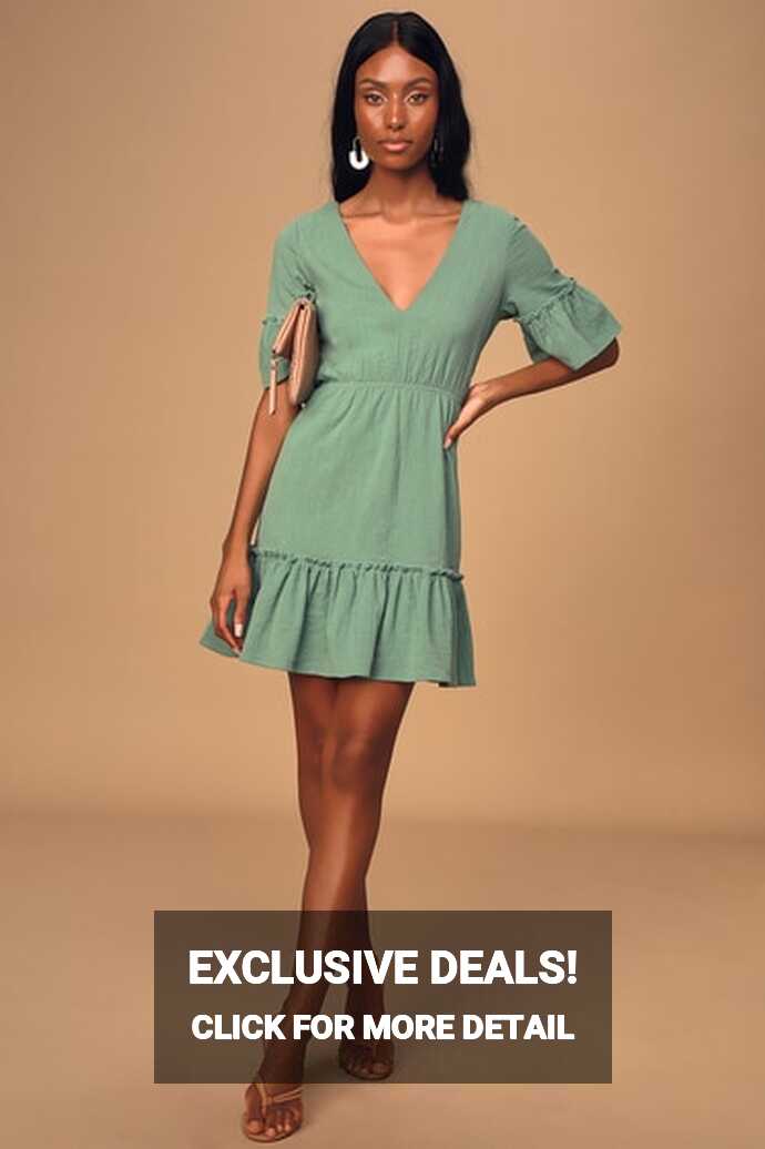 Sage Green Dress - Short Sleeve Mini Dress - Cute Skater Dress - Lulus