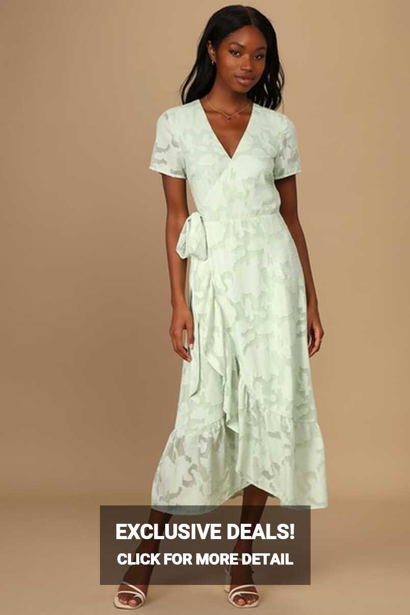 Sage Green Midi Dress - Jacquard Dress - Short Sleeve Wrap Dress ...