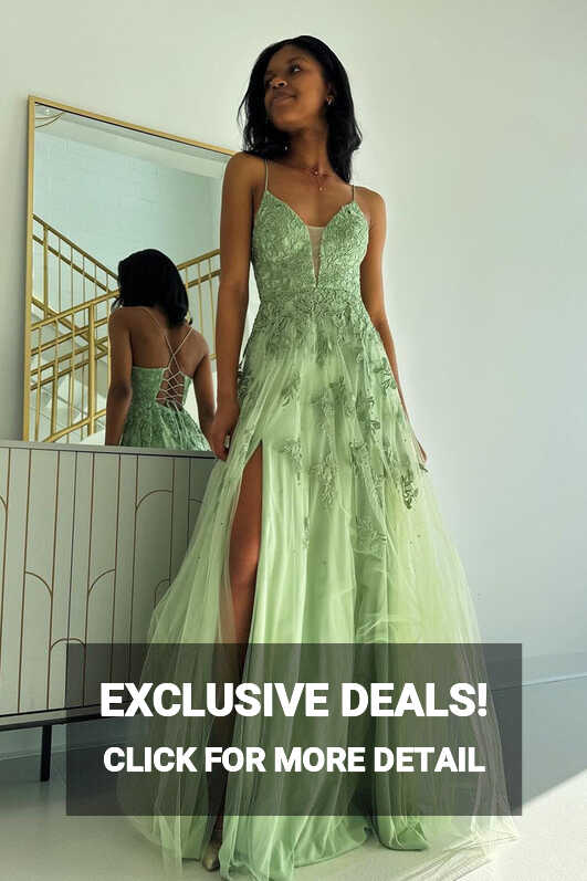 Sage Green V Neck Tulle A-Line Long Prom Dresses with Appliques ...