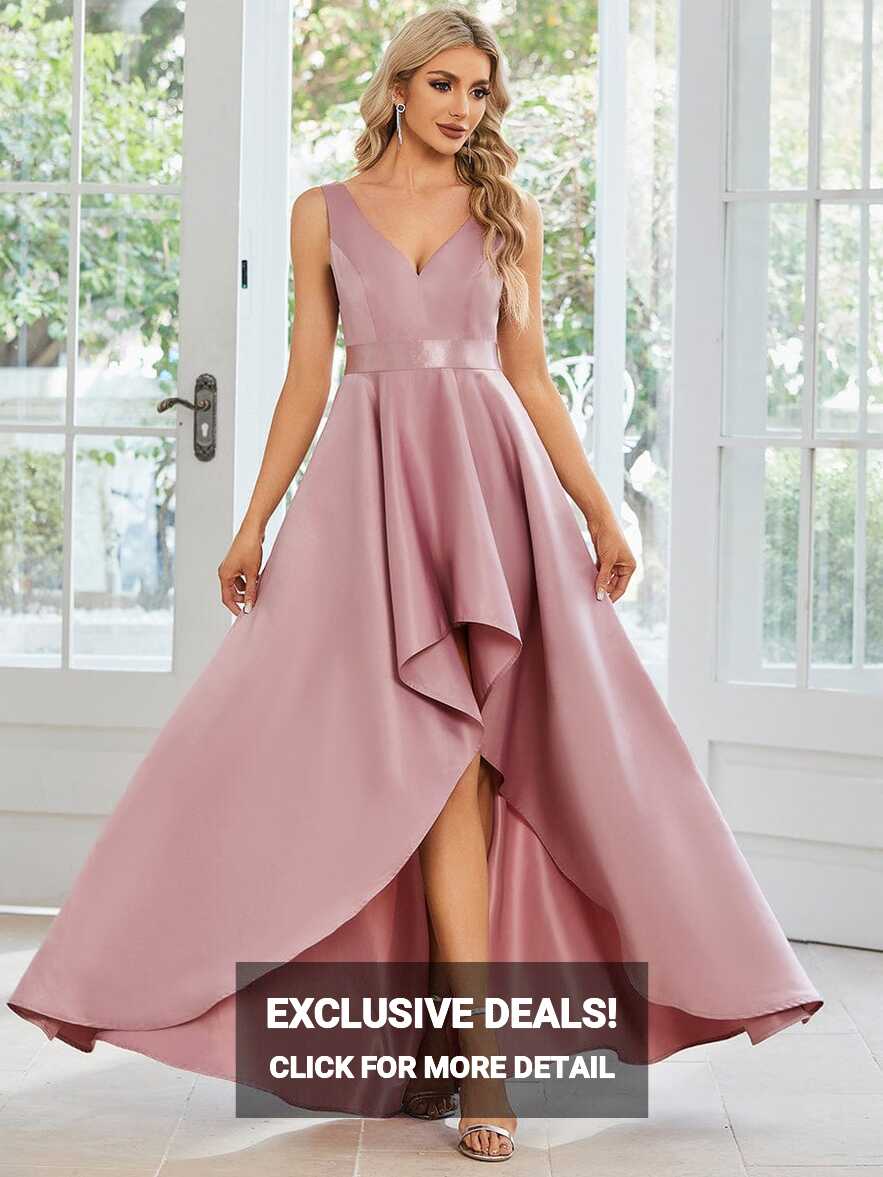 Satin High-Low V-neck Sleeveless Prom Dress - Ever-Pretty US