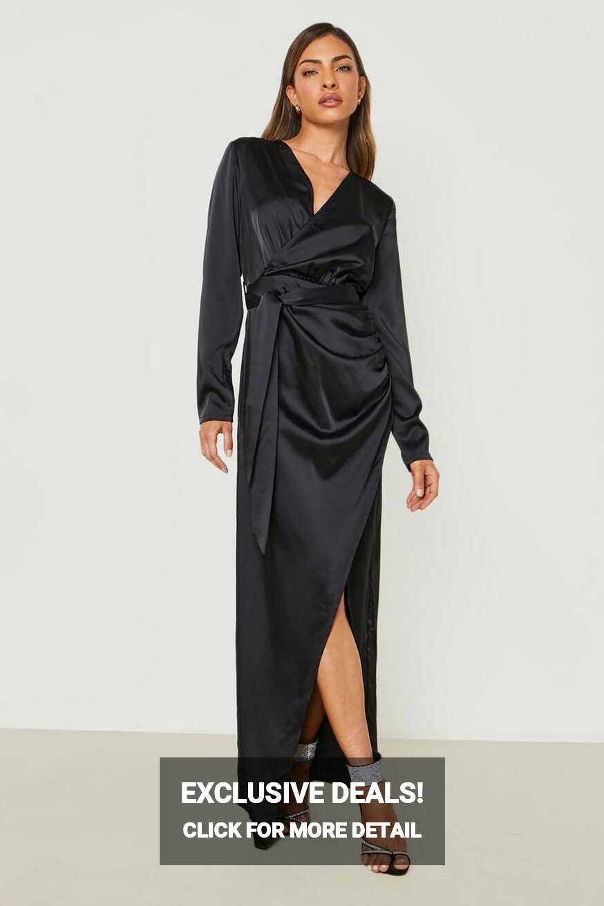 Satin Long Sleeve Wrap Front Maxi Dress | boohoo