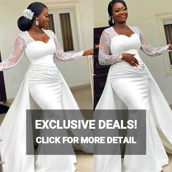 Satin Mermaid Wedding Dress Detachable Train Long Sleeves African ...