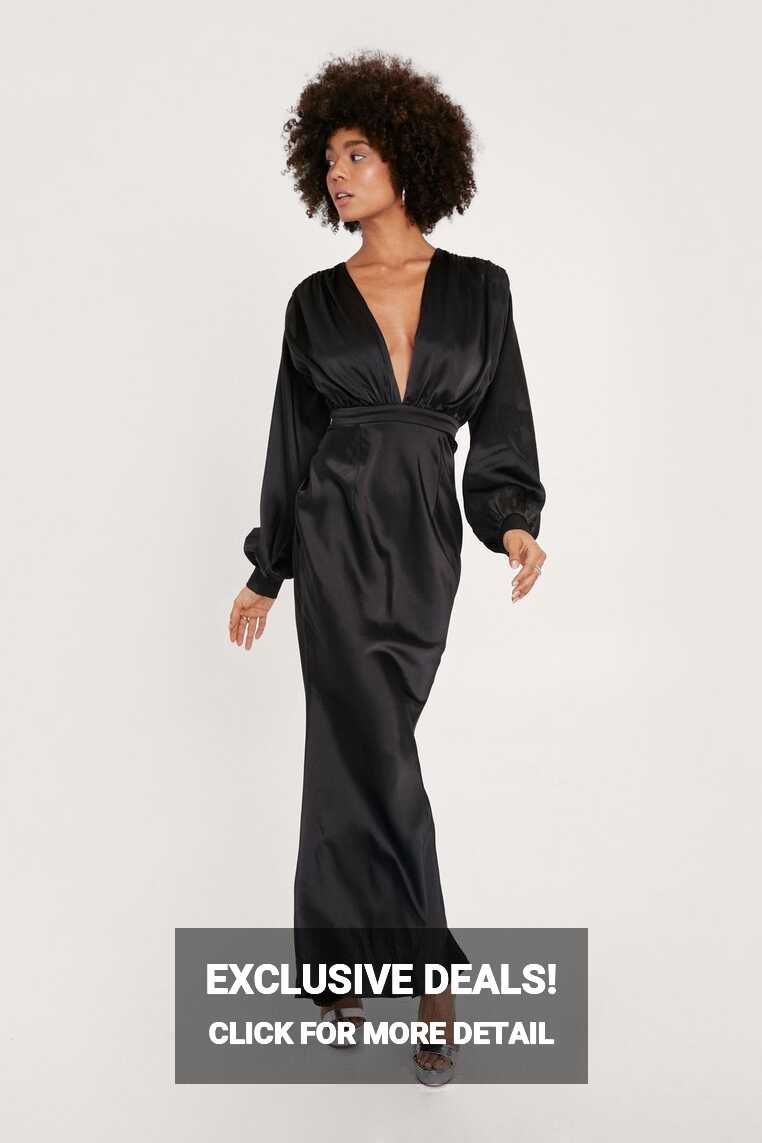 Satin Plunge Long Sleeve Maxi Dress | Nasty Gal