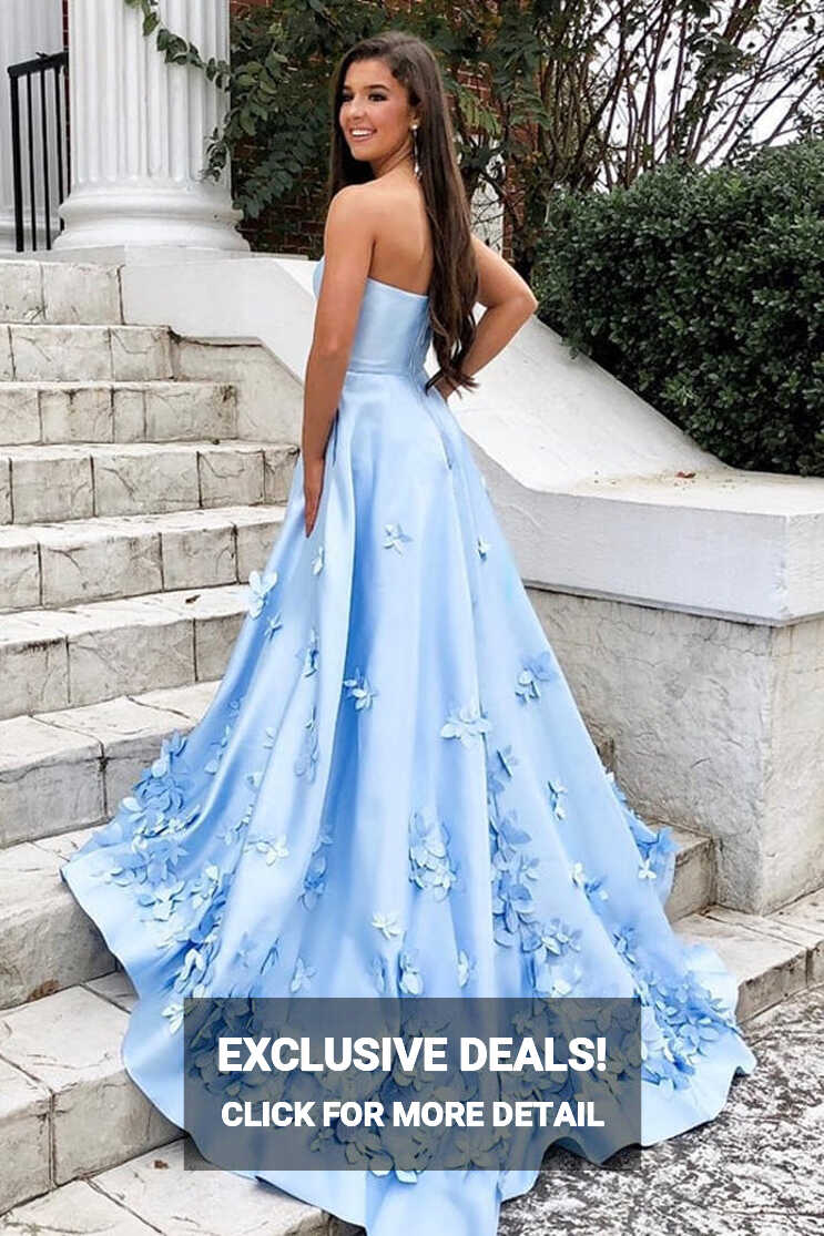 Satin Sweetheart Sky Blue A-line Long Prom Dresses with 3D Floral ...