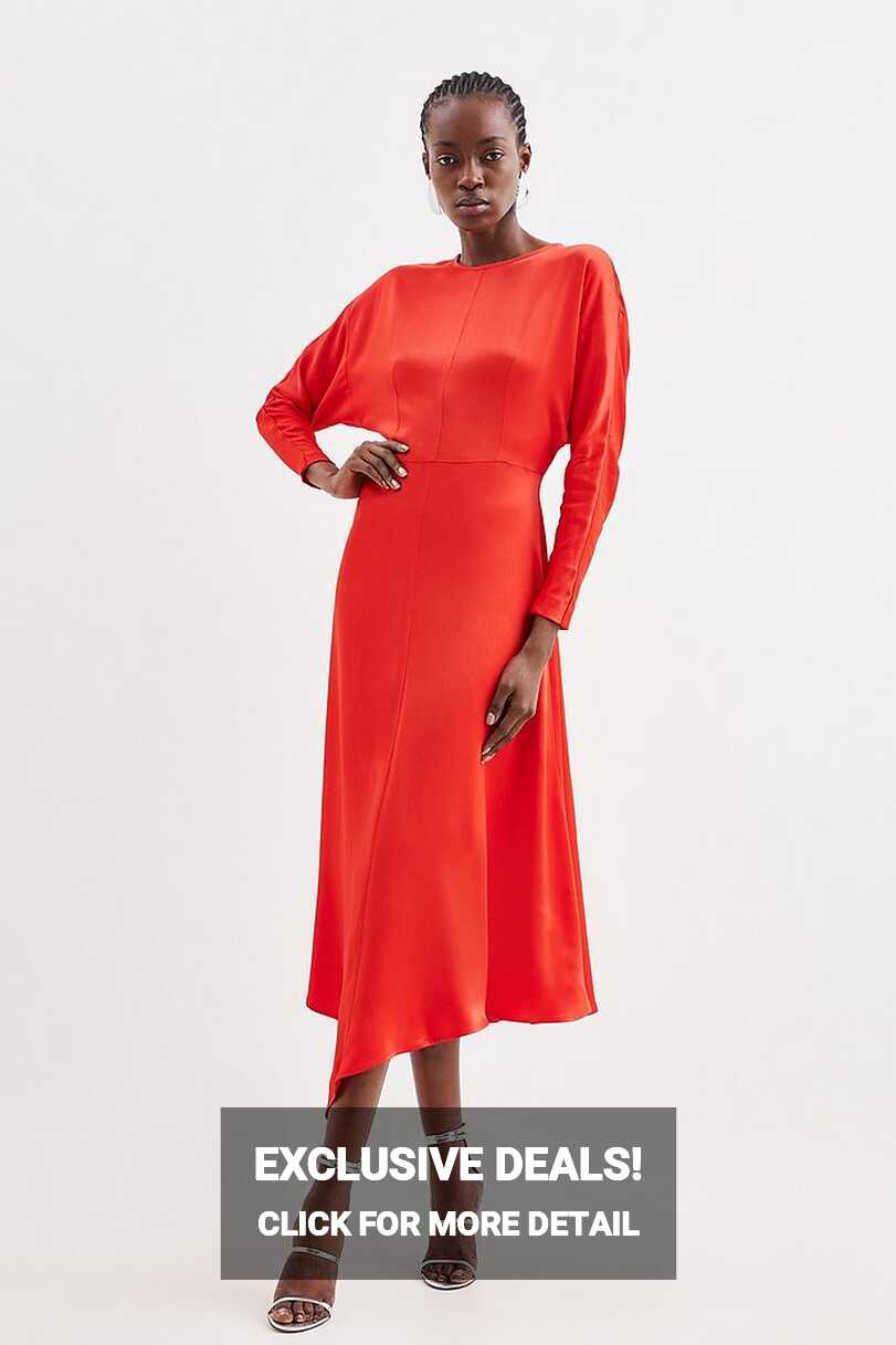 Satin Woven Crepe Long Sleeve Midi Dress | Karen Millen