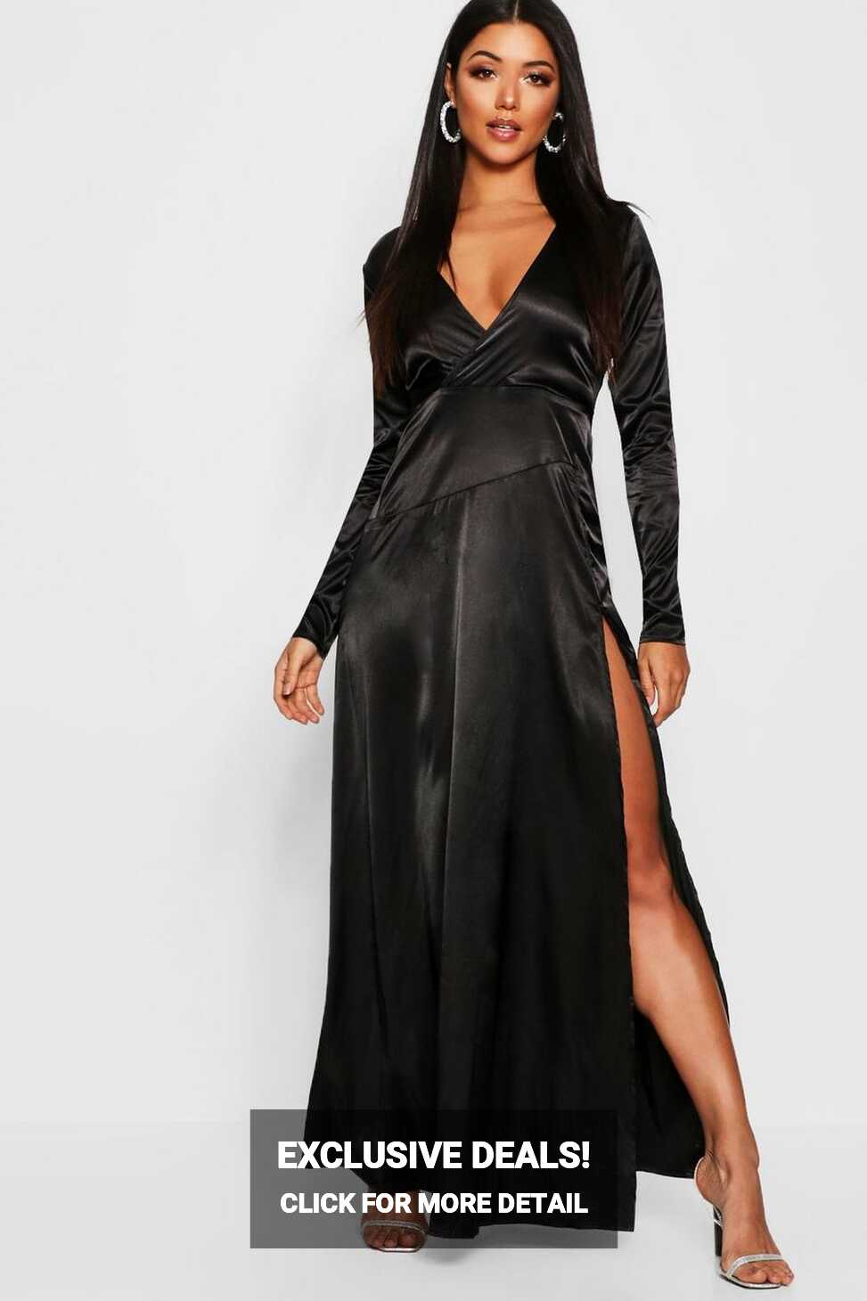 Satin Wrap Detail Long Sleeve Maxi Dress | boohoo AU