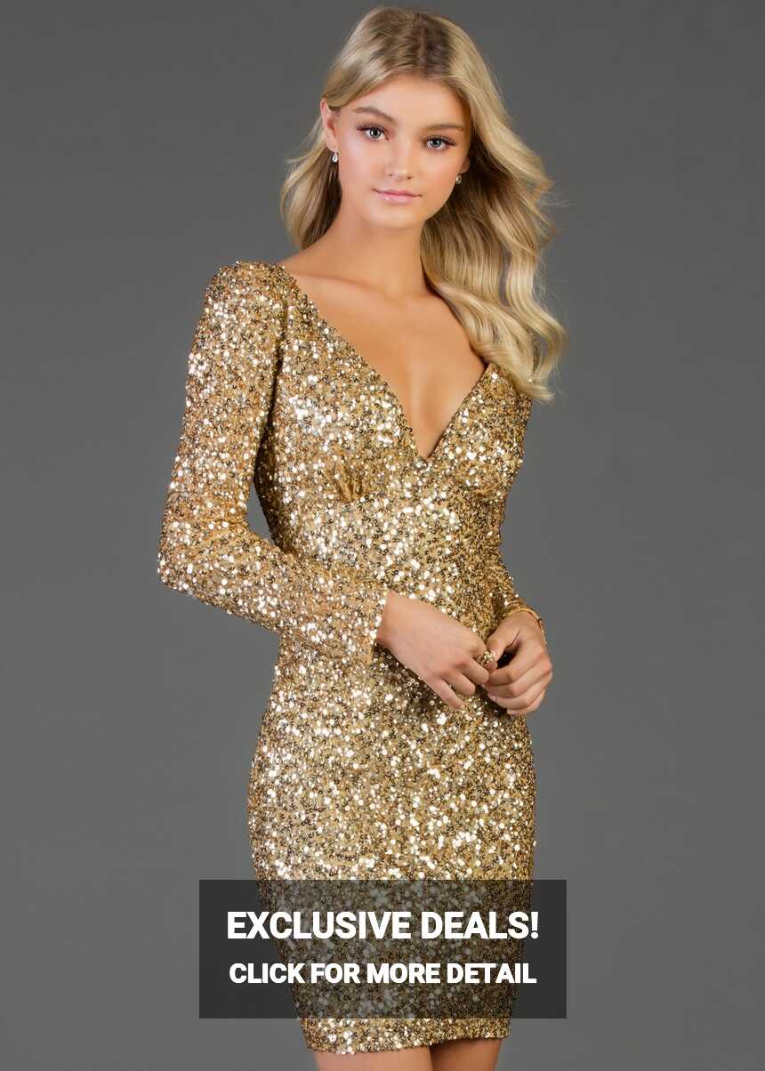 Scala 60036 Long Sleeve V-Neck Beaded Short Dress