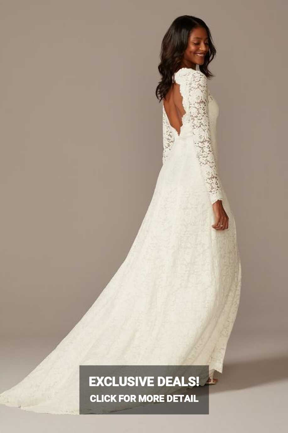 Scalloped Lace Long Sleeve Open Back Wedding Dress | David&#39;s Bridal