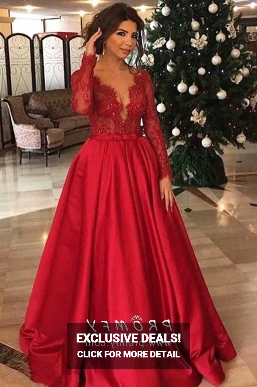 Scalloped Red Lace &amp; Satin Long Sleeves Prom Dress - Promfy