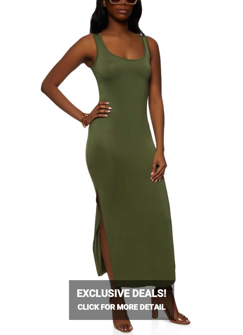 Scoop Neck Side Slit Maxi Tank Dress - Olive