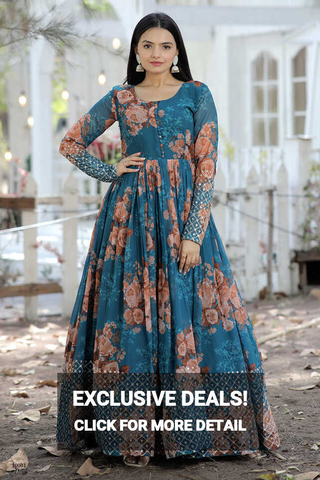 Sea Blue Floral Printed A-line Georgette Gown LSTV124441