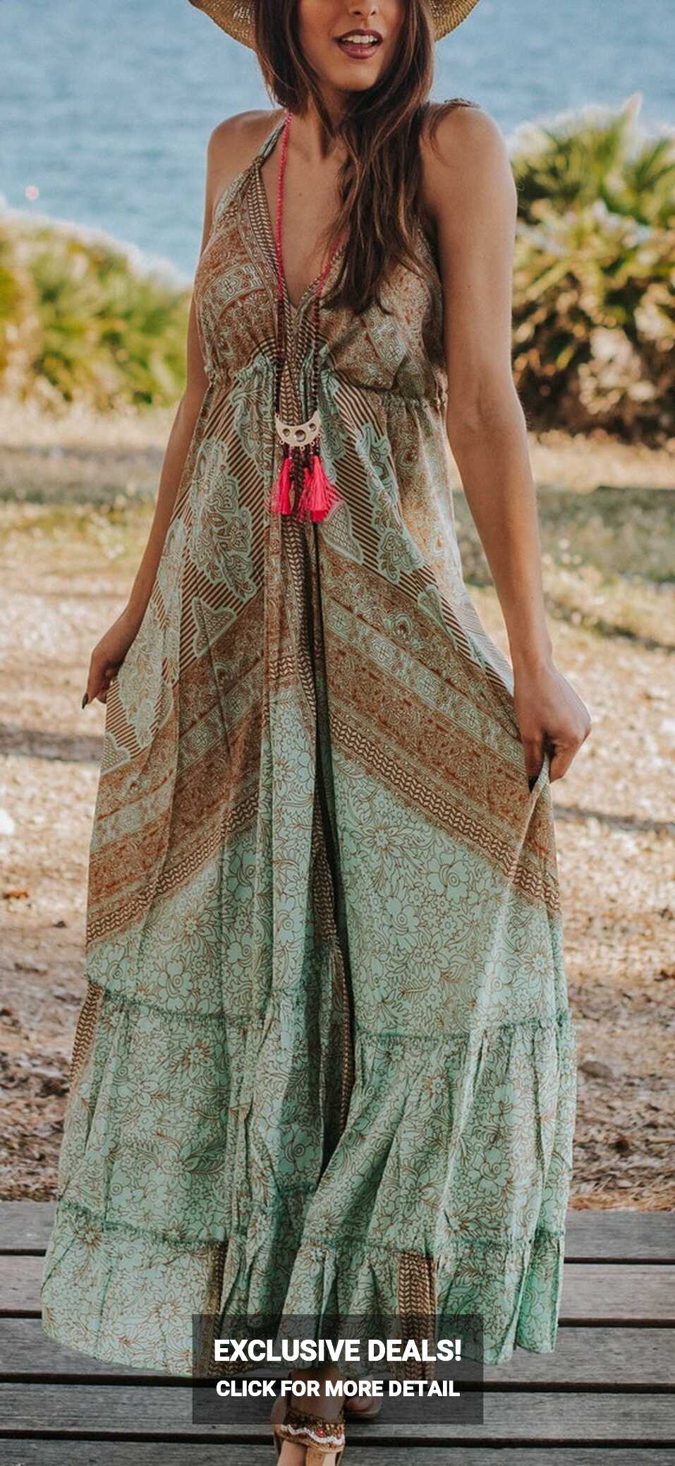 Sea Green Boho Summer Dress, Sexy Long Open Back Halter Silk Dress ...