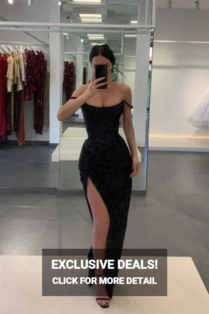 Seductive Off-the-Shoulder High Slit Black Sequin Party Gown - VQ