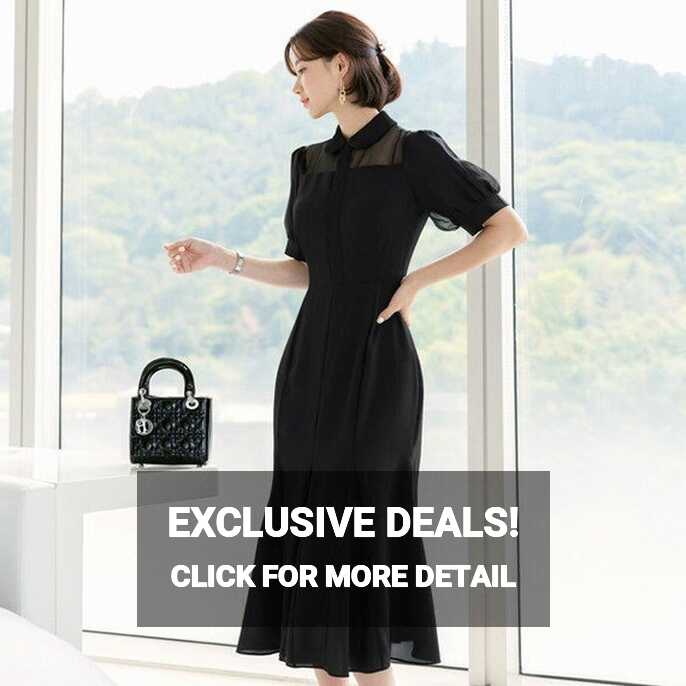 See-through Puff Sleeve Simple Black Dress / Korean Style Women ...