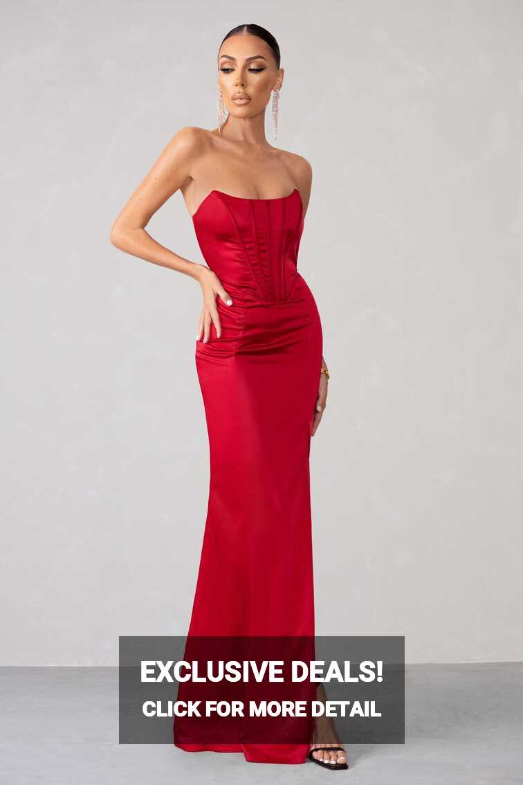 Sensual Notes Red Satin Strapless Corset Thigh Split Fishtail Maxi ...