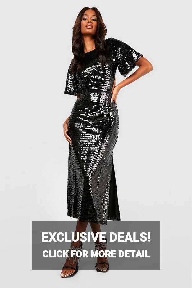 Sequin Angel Sleeve Cut Out Midi Party Dress