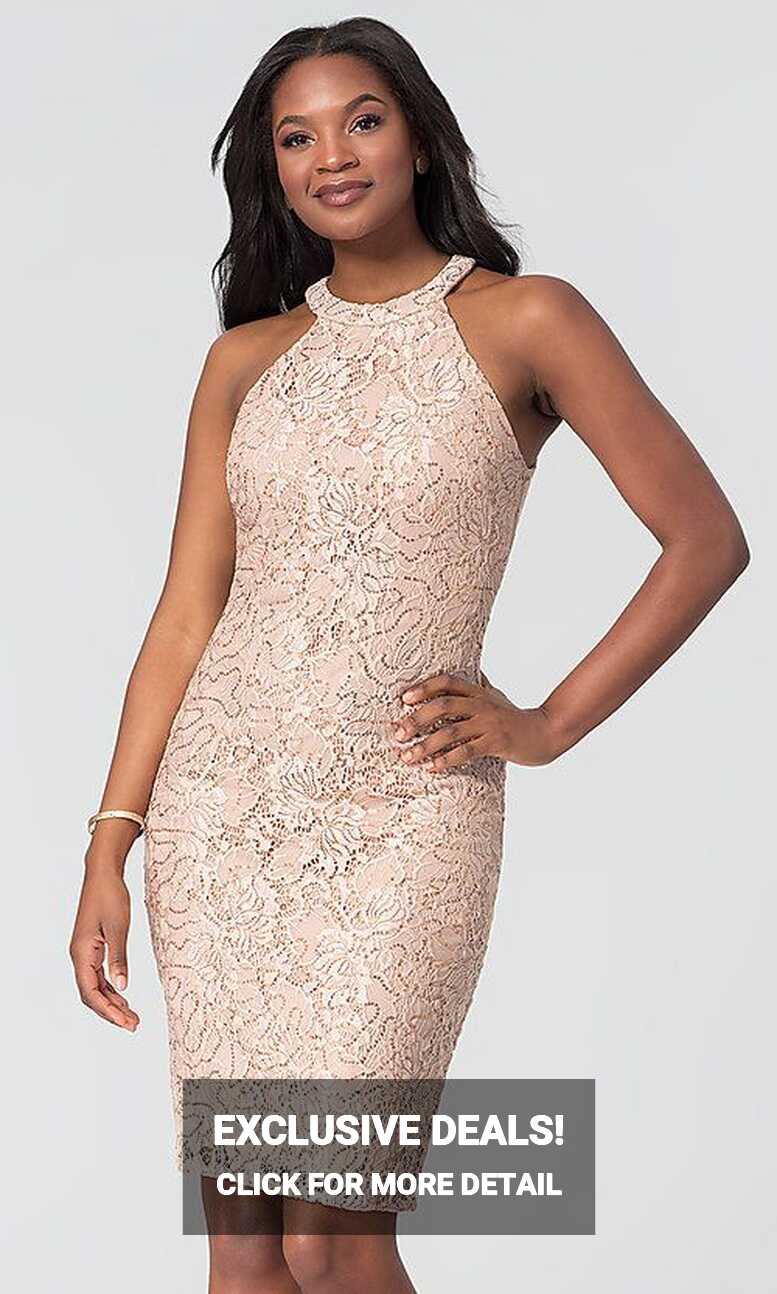 Sequin-Lace Short Wedding-Guest Dress in Rose Gold | Short wedding ...