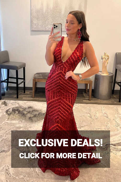 Sequin Prom Dresses Red 2024 Deep V Neck Mermaid Formal Dresses ...