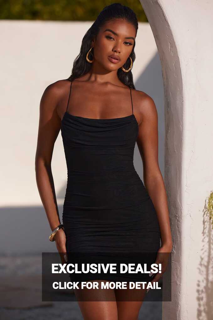 Sereia Ruched Cowl Neck Bodycon Mini Dress in Black | Oh Polly