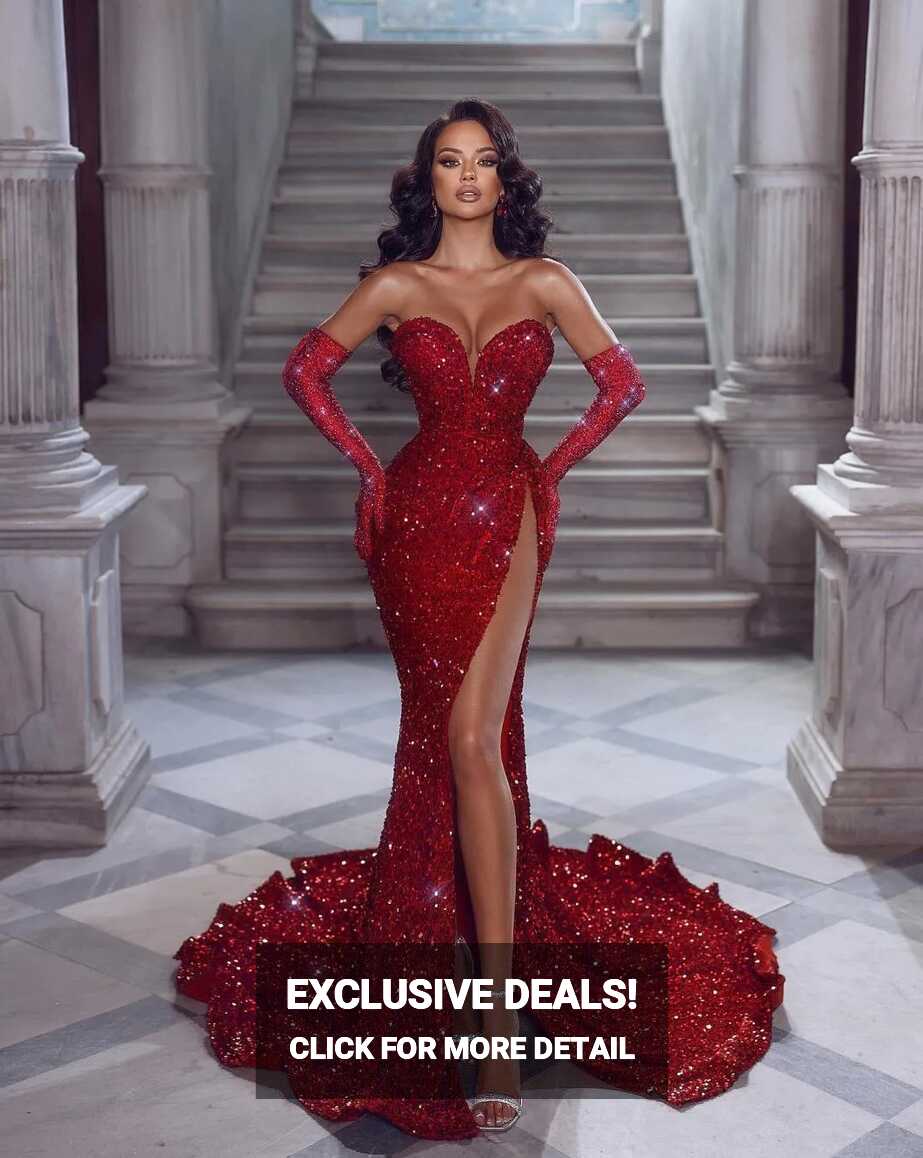 Sexy 2022 Red Sequins Mermaid Prom Party Dresses Sweetheart Split ...