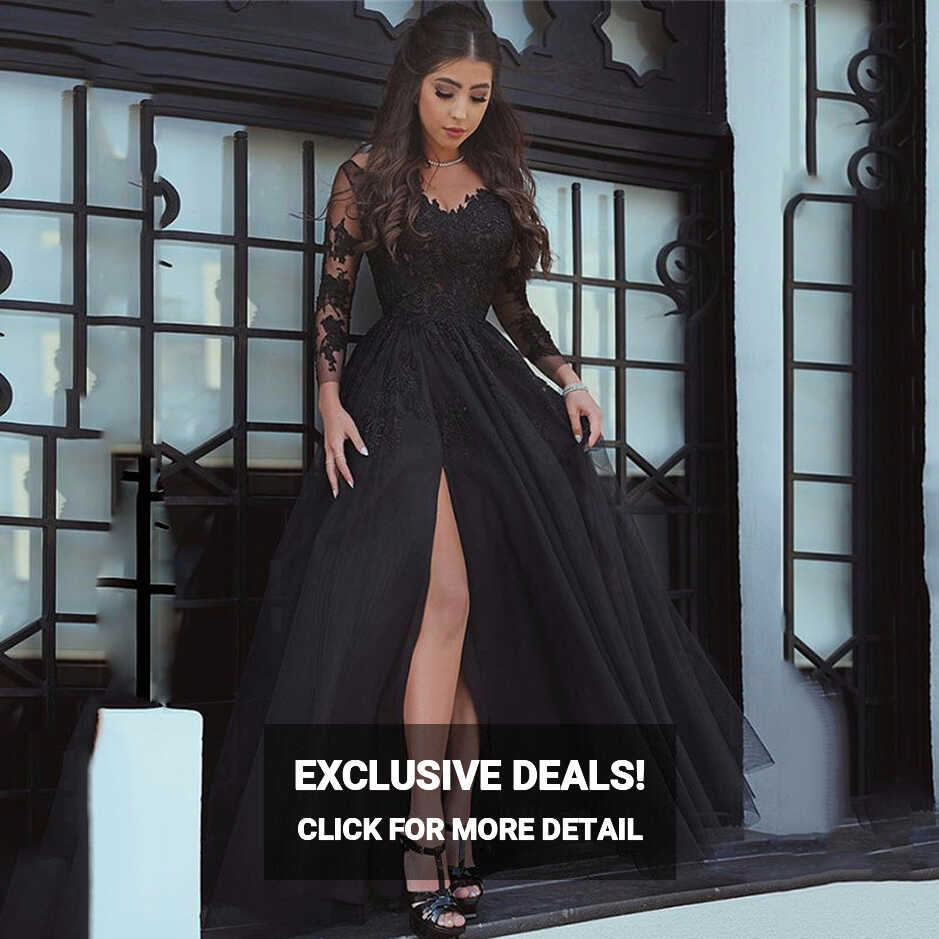 Sexy A Line Black Lace Long-Sleeved Slit Prom Evening Dresses ...