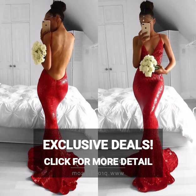 Sexy Backless Plunging V Neck Red Sequin Prom Gown - Promfy