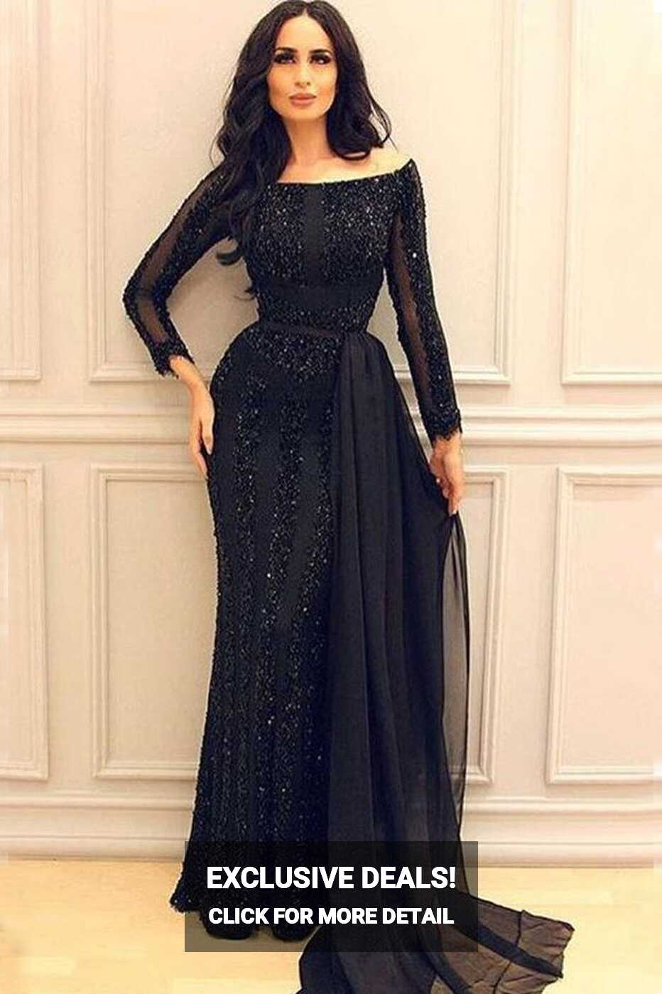 Sexy Black Long Sleeves Sequined Prom Dresses Off-the-Shoulder ...