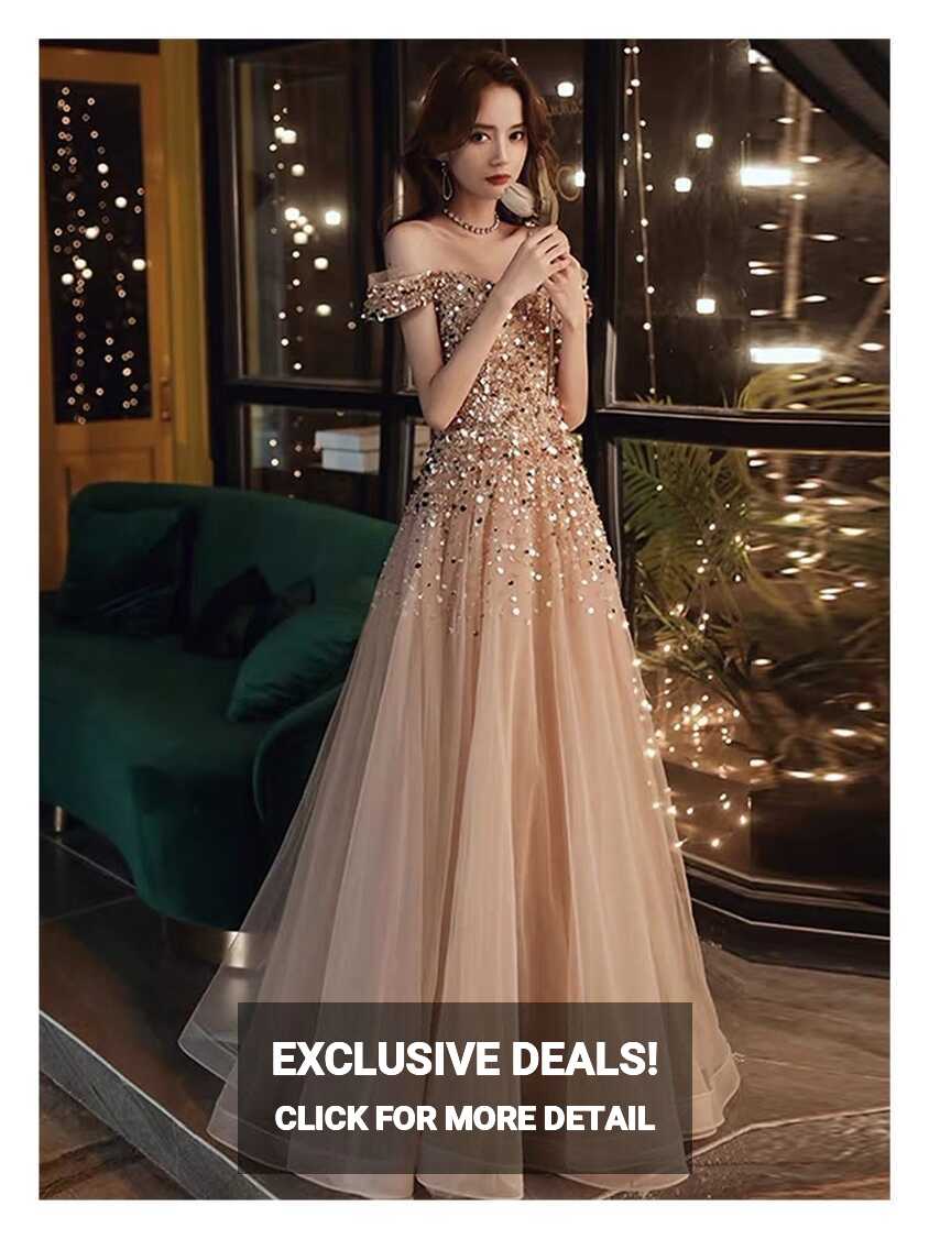 Sexy Champagne Gold Evening Dresses A-Line Off Shoulder Sequins ...