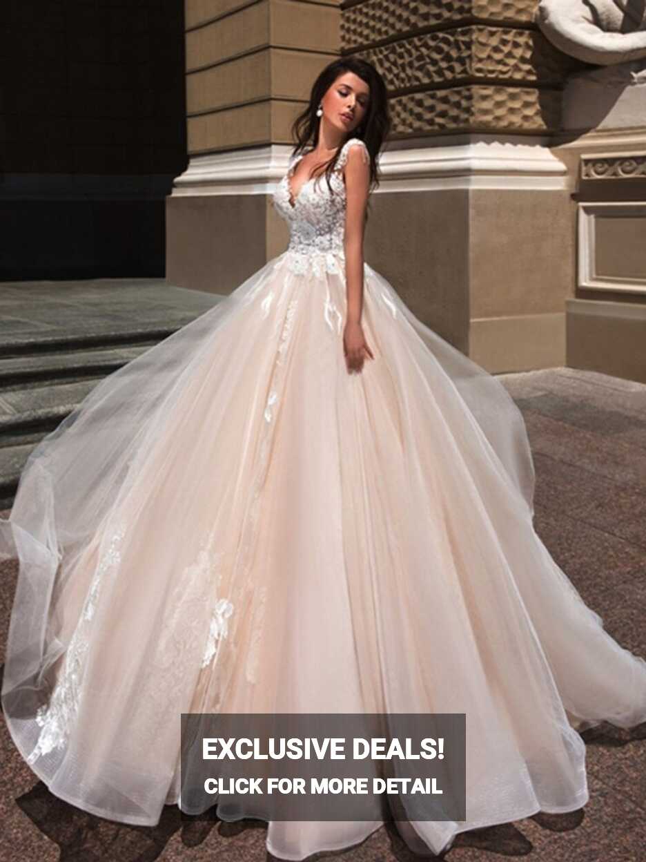 Sexy Champagne Princess Wedding Dresses 2020 With 3D Floral Appliques