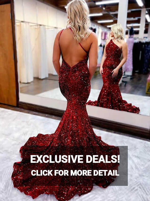 Sexy Dark Red Sparkly Open Back One-shoulder Mermaid Long Prom ...