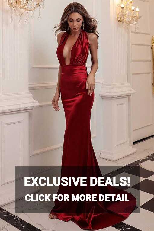 Sexy Deep V-Neck Backless Burgundy Evening Dress