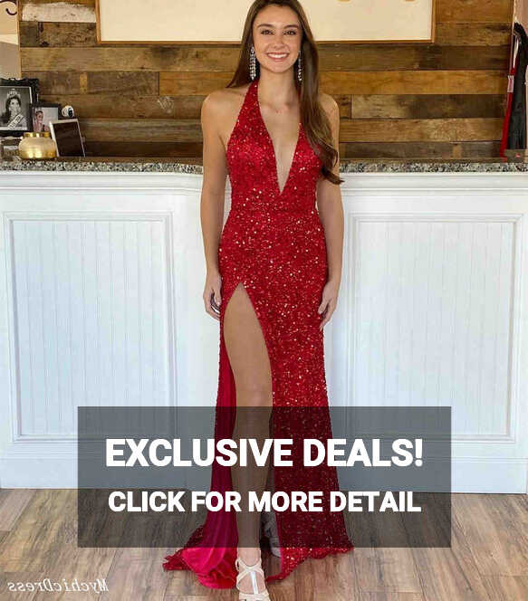 Sexy Deep V Neck Red Sequins Prom Dresses Long Evening Gown with ...