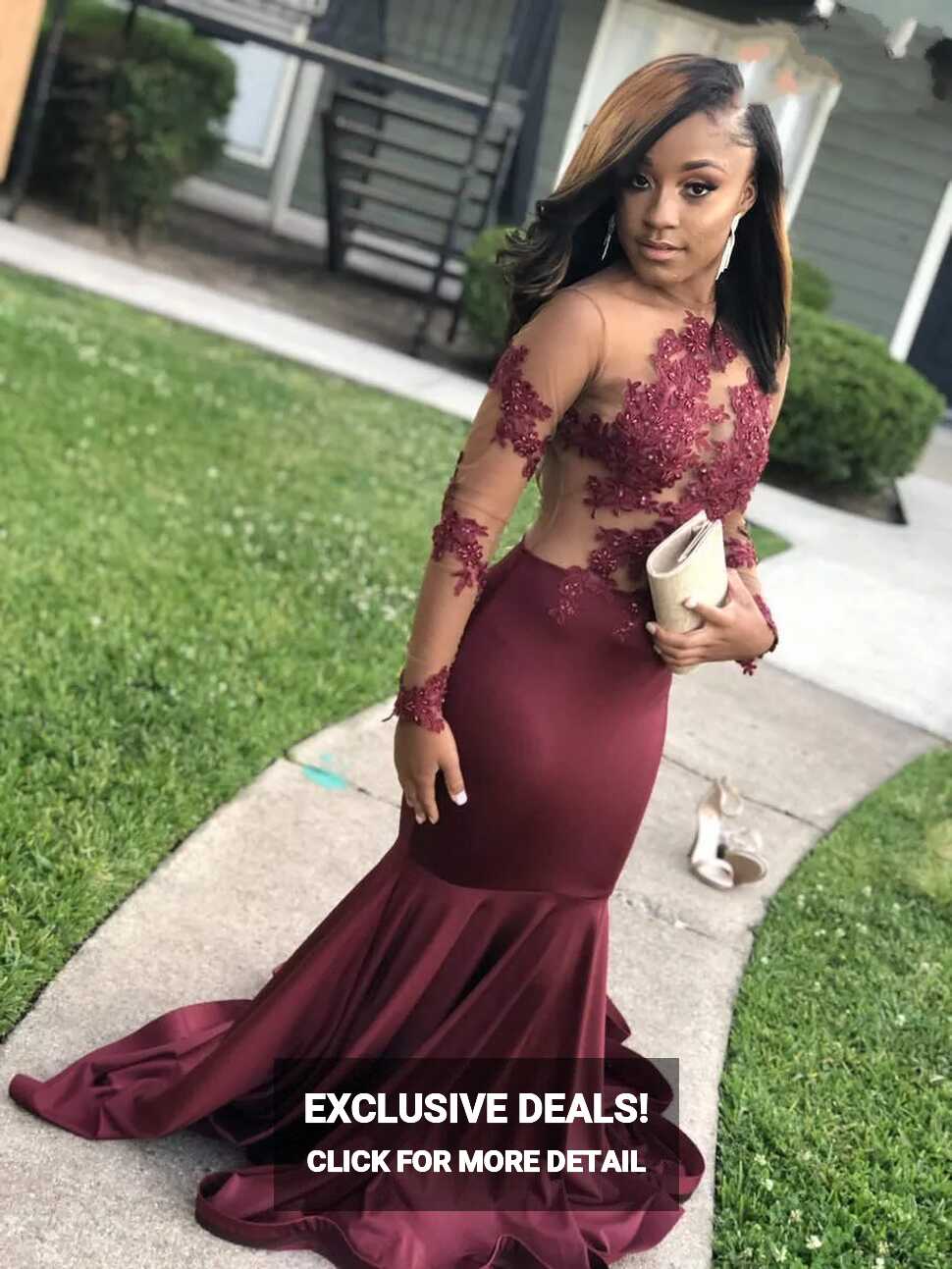 Sexy Design Sheer Long Sleeve Mermaid Burgundy Prom Dresses Long ...