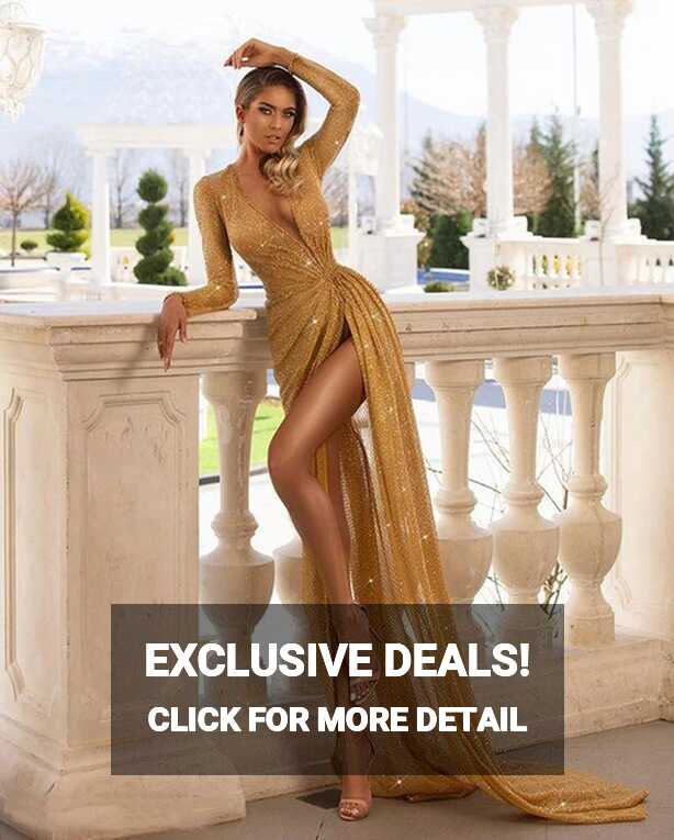 Sexy Gold Sequined Celebrity Prom Dresses V Neck Long Sleeve High ...