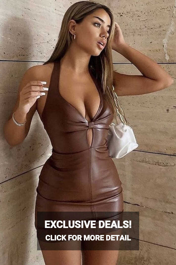 Sexy Halter Neck Knotted Front Bodycon Club Leather Mini Dress ...