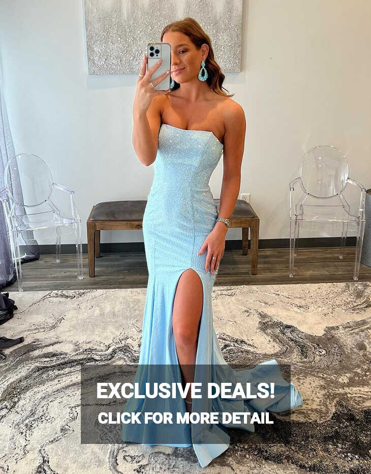 Sexy Light Blue Tight Strapless Long Prom Dresses with Split ...