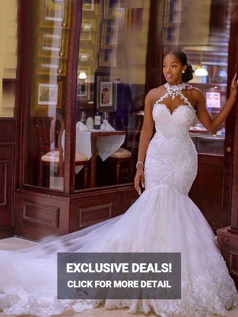 Sexy Luxury Halter Lace Sweetheart Mermaid With Long Train Wedding ...