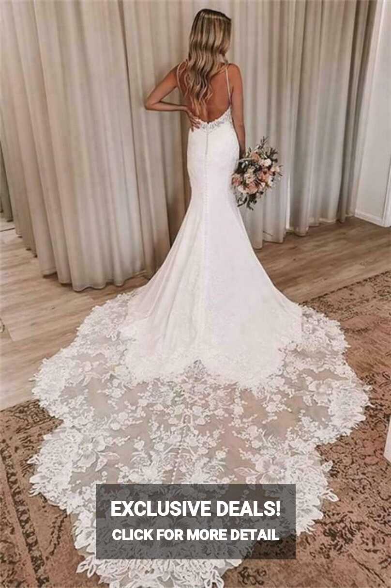 Sexy Mermaid Wedding Dresses Spaghetti Strap Beach Long Train V ...