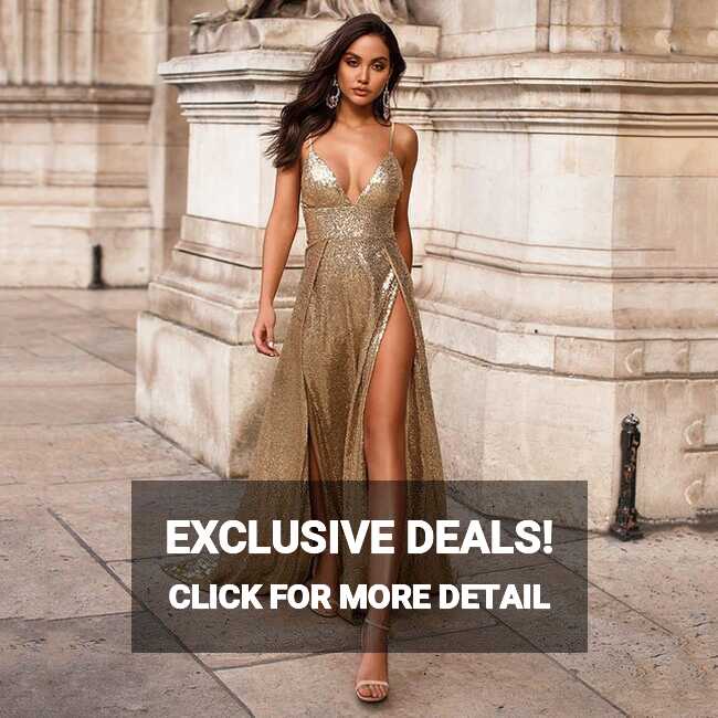 Sexy Plunging Neckline Gold Evening Dress Side Slit Sequin Prom ...